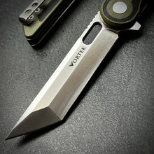 Load image into Gallery viewer, ASTRID: Sandvik 14C28N Tanto Blade, Black and Green G10 Handles, Ball Bearing Pivot System, Deep Carry Pocket Clip