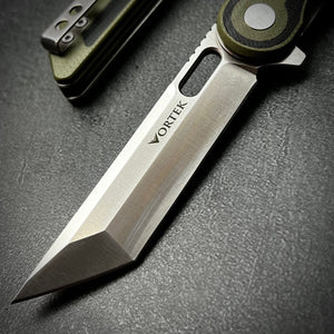 ASTRID - Sandvik 14C28N Tanto Blade, Black and Green G10 Handles