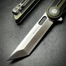 Load image into Gallery viewer, ASTRID: Sandvik 14C28N Tanto Blade, Black and Green G10 Handles, Ball Bearing Pivot System, Deep Carry Pocket Clip