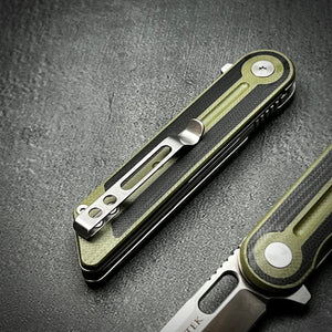 ASTRID: Sandvik 14C28N Tanto Blade, Black and Green G10 Handles, Ball Bearing Pivot System, Deep Carry Pocket Clip