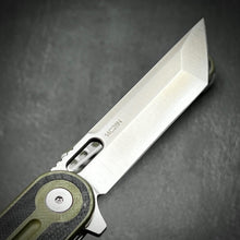 Load image into Gallery viewer, ASTRID: Sandvik 14C28N Tanto Blade, Black and Green G10 Handles, Ball Bearing Pivot System, Deep Carry Pocket Clip