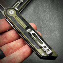 Load image into Gallery viewer, ASTRID: Sandvik 14C28N Tanto Blade, Black and Green G10 Handles, Ball Bearing Pivot System, Deep Carry Pocket Clip