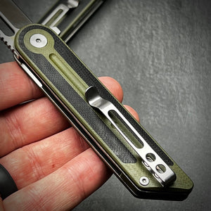 ASTRID: Sandvik 14C28N Tanto Blade, Black and Green G10 Handles, Ball Bearing Pivot System, Deep Carry Pocket Clip