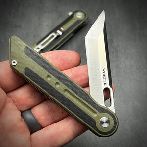 ASTRID: Sandvik 14C28N Tanto Blade, Black and Green G10 Handles, Ball Bearing Pivot System, Deep Carry Pocket Clip