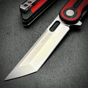 ASTRID: Sandvick 14C28N Tanto Blade, Red and Black G10 Handles, Ball Bearing Pivot System, Deep Carry Pocket Clip