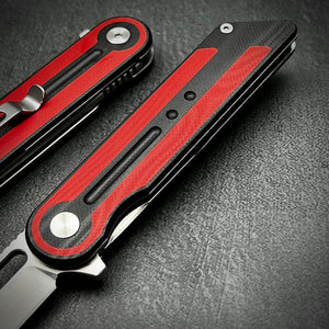 ASTRID: Sandvick 14C28N Tanto Blade, Red and Black G10 Handles, Ball Bearing Pivot System, Deep Carry Pocket Clip