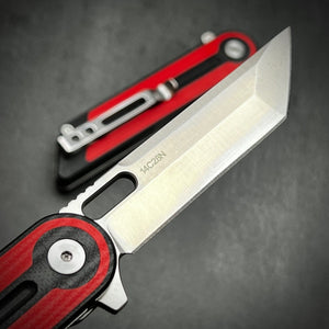 ASTRID: Sandvick 14C28N Tanto Blade, Red and Black G10 Handles, Ball Bearing Pivot System, Deep Carry Pocket Clip