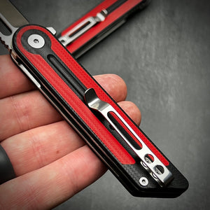 ASTRID: Sandvick 14C28N Tanto Blade, Red and Black G10 Handles, Ball Bearing Pivot System, Deep Carry Pocket Clip