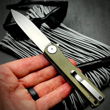 Load image into Gallery viewer, OSKAR: Green Micarta Handles, D2 Drop Point Blade, Ball Bearing Pivot System, EDC Flipper Blade Folding Pocket Knife