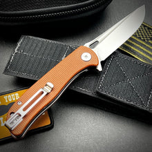 Load image into Gallery viewer, SLINGER: Brown Micarta Handles, Fast Ball Bearing Pivot System, D2 Blade, EDC Folding Pocket Knife