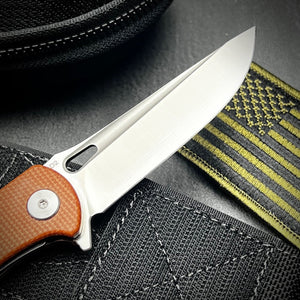 SLINGER: Brown Micarta Handles, Fast Ball Bearing Pivot System, D2 Blade, EDC Folding Pocket Knife