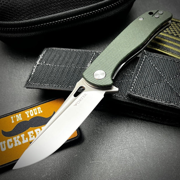 SLINGER: Green Micarta Handles, Ball Bearing Pivot System, D2 Blade, EDC Folding Pocket Knife