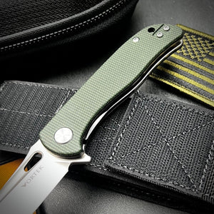 SLINGER: Green Micarta Handles, Ball Bearing Pivot System, D2 Blade, EDC Folding Pocket Knife