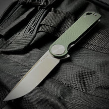 Load image into Gallery viewer, FINCH: Green Micarta Handles, Ball Bearing Pivot System, D2 Blade, Folding Pocket Knife