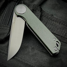 Load image into Gallery viewer, FINCH: Green Micarta Handles, Ball Bearing Pivot System, D2 Blade, Folding Pocket Knife