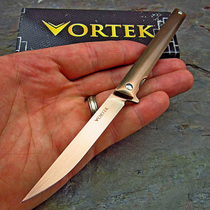 CAVALIER: Antique Bronze Handles, 8Cr13MoV Straight Back Blade, Small Slim Design, Ball Bearing Flipper System