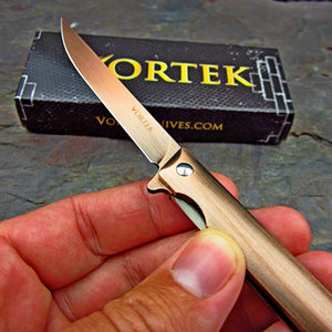 CAVALIER: Antique Bronze Handles, 8Cr13MoV Straight Back Blade, Small Slim Design, Ball Bearing Flipper System