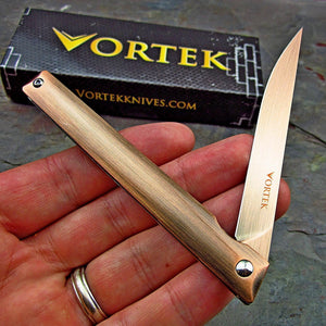 CAVALIER: Antique Bronze Handles, 8Cr13MoV Straight Back Blade, Small Slim Design, Ball Bearing Flipper System