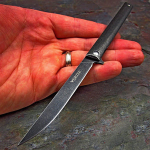 CAVALIER: Small Slim Design, 8Cr13MoV Straight Back Blade, Black Stonewashed Handles, Ball Bearing Flipper System