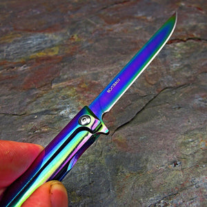 CAVALIER: Rainbow Spectrum Handles, Small Slim Design, 8Cr13MoV Straight Back Blade, Ball Bearing Flipper System