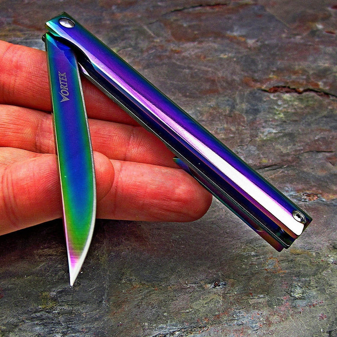 CAVALIER: Rainbow Spectrum Handles, Small Slim Design, 8Cr13MoV Straight Back Blade, Ball Bearing Flipper System