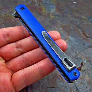 CALHOUN: Slim Low Profile Design, Blue G10 Handles, 8Cr13MoV Blade, Ball Bearing Pivot System