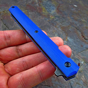 CALHOUN: Slim Low Profile Design, Blue G10 Handles, 8Cr13MoV Blade, Ball Bearing Pivot System