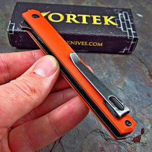 CALHOUN: Slim Low Profile Design, Orange G10 Handles, 8Cr13MoV Blade, Ball Bearing Flipper System, EDC Folding Pocket Knife