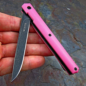 CALHOUN: Slim Low Profile Design, Pink G10 Handles, 8Cr13MoV Blade, Ball Bearing Pivot System, EDC Folding Pocket Knife