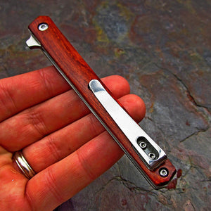 CALHOUN: Slim Low Profile Design, Rosewood Handles, 8Cr13MoV Blade,   Fast Open Ball Bearing Flipper Blade