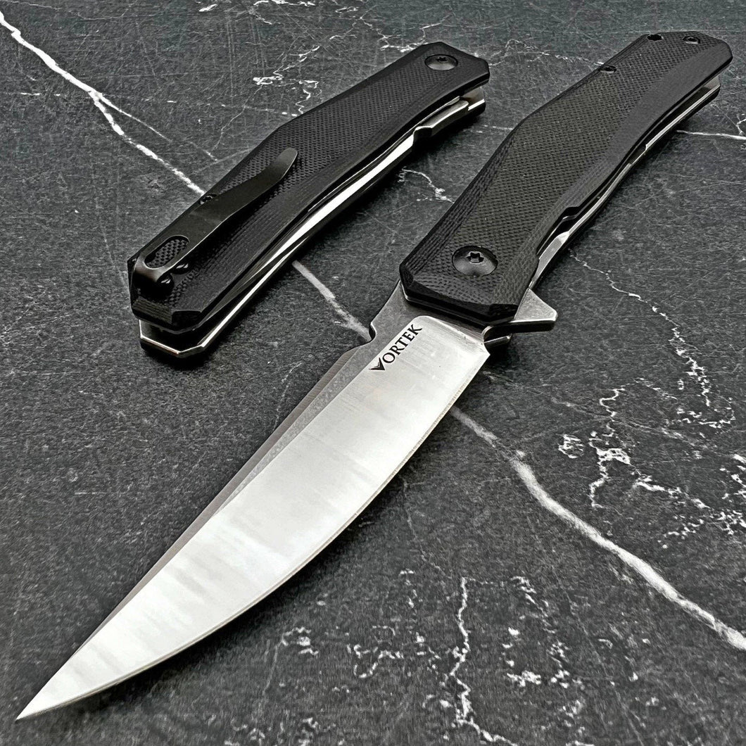 NIMBUS: Black G10 Handles , Ball Bearing Flipper Pivot System , D2 Trailing Point Blade