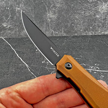 Load image into Gallery viewer, NIMBUS: Brown G10 Handles, Ball Bearing Flipper Pivot System, D2 Trailing Point Blade