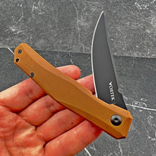 Load image into Gallery viewer, NIMBUS: Brown G10 Handles, Ball Bearing Flipper Pivot System, D2 Trailing Point Blade