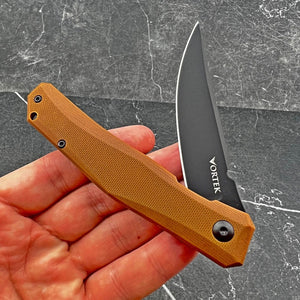 NIMBUS: Brown G10 Handles, Ball Bearing Flipper Pivot System, D2 Trailing Point Blade