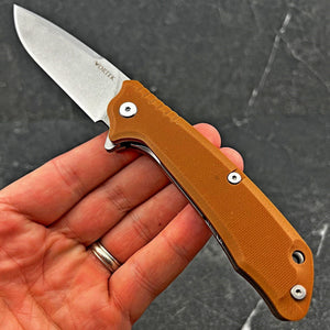 ROVER: Desert Tan G10 Handles, D2 Drop Point Blade, Ball Bearing Flipper Pivot System