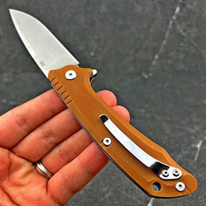 ROVER: Desert Tan G10 Handles, D2 Drop Point Blade, Ball Bearing Flipper Pivot System