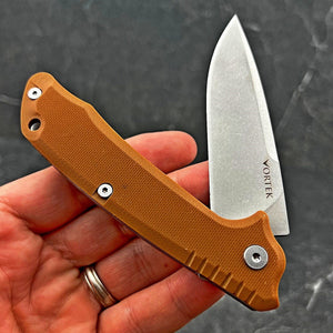 ROVER: Desert Tan G10 Handles, D2 Drop Point Blade, Ball Bearing Flipper Pivot System