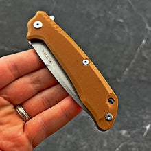 Load image into Gallery viewer, ROVER: Desert Tan G10 Handles, D2 Drop Point Blade, Ball Bearing Flipper Pivot System