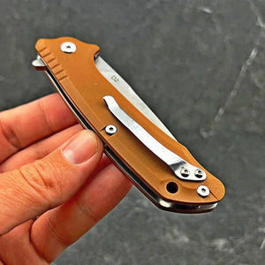 ROVER: Desert Tan G10 Handles, D2 Drop Point Blade, Ball Bearing Flipper Pivot System