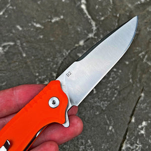 ROVER:  Blaze Orange G10 Handle, D2 Drop Point Blade,  Ball Bearing Pivot System