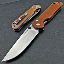 Load image into Gallery viewer, OTIS: Tan Micarta Handles, D2 Drop Point Blade, Thumb Stub Opening, EDC Folding Pocket Knife