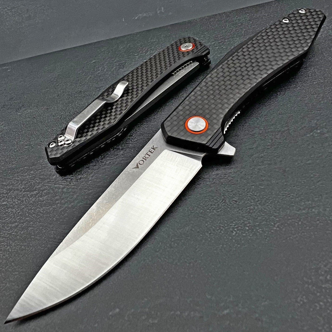 HOLGER: Carbon Fiber Handles, D2 Drop Point Blade,  Ball Bearing Flipper System