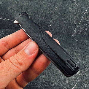 TUSK: Slim Design, D2 Tanto Blade, Black G10 Handles,  Ball Bearing Flipper System