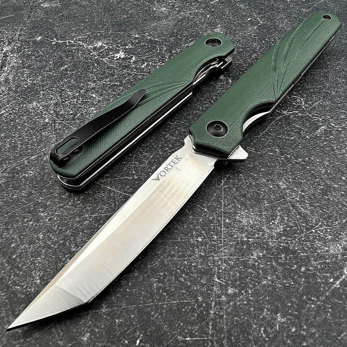 TUSK: Slim Design, D2 Tanto Blade, Green G10 Handles, Ball Bearing Flipper System