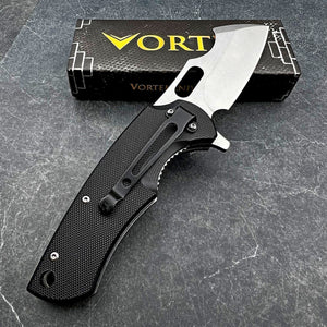 RHINO: Black G10 Handles, D2 Cleaver Blade,  Ball Bearing Flipper System