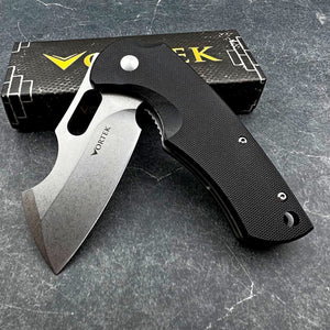 RHINO: Black G10 Handles, D2 Cleaver Blade,  Ball Bearing Flipper System