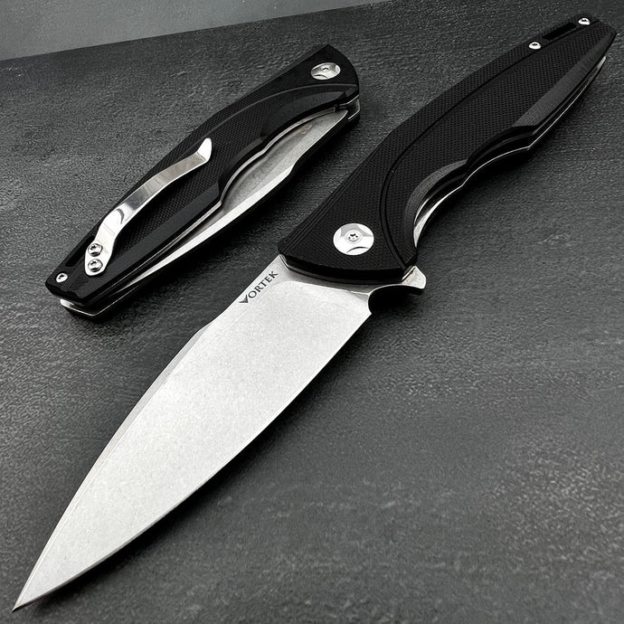 PALADIN: Large Black G10 Handles, D2 Drop Point Blade, Fast Open Ball Baring Pivot System