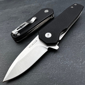 BANTAM: Black G10 Handles, 440C Spear Point Blade, Small EDC Pocket Knife, Ball Bearing Flipper System