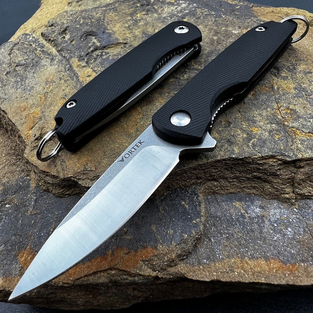 PIKA: Small Keychain Knife, D2 Flipper Blade, Black Handles, Ball Bearing Pivot System