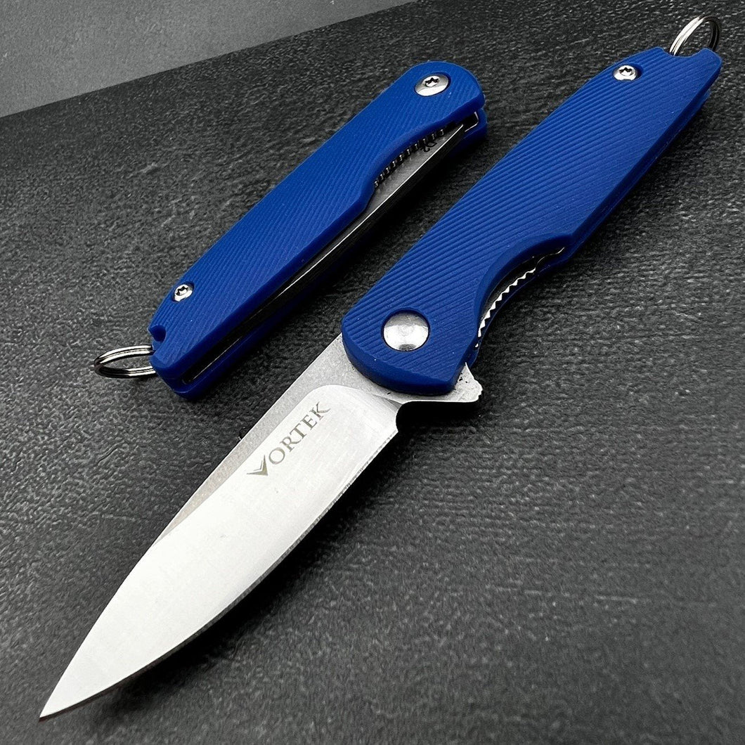 PIKA: Blue Handles, D2 Blade, Small Light Keychain Folding Pocket Knife,  Ball Bearing Flipper System